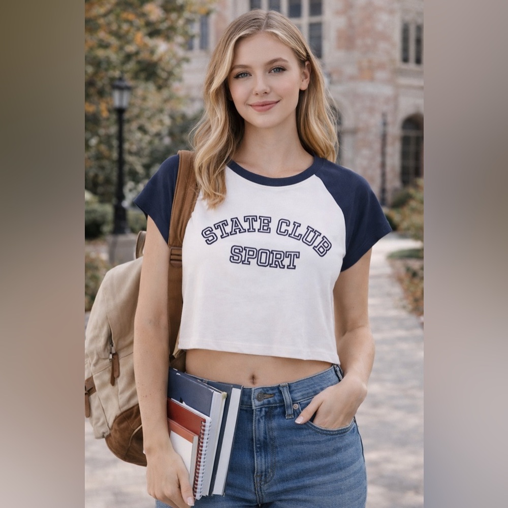 Divided By H&M Navy & White Cropped Tee State Club Sport  Size XS